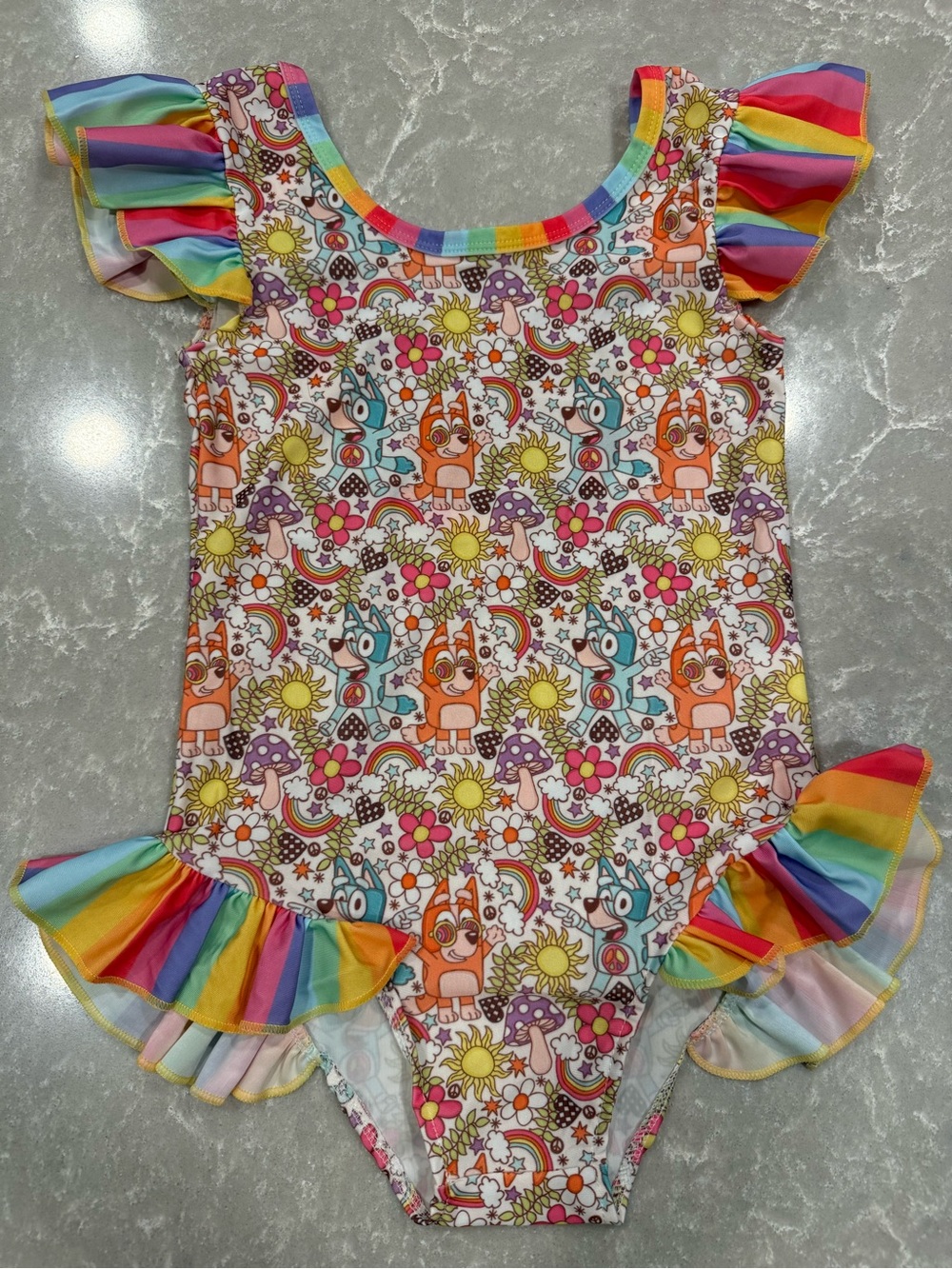 Bluey Rainbow Ruffle One Piece Swimsuit Girls Size 7 NWT Boutique